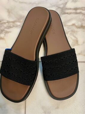 Rothy's Black Knit Slide Sandals with Brown Footbed